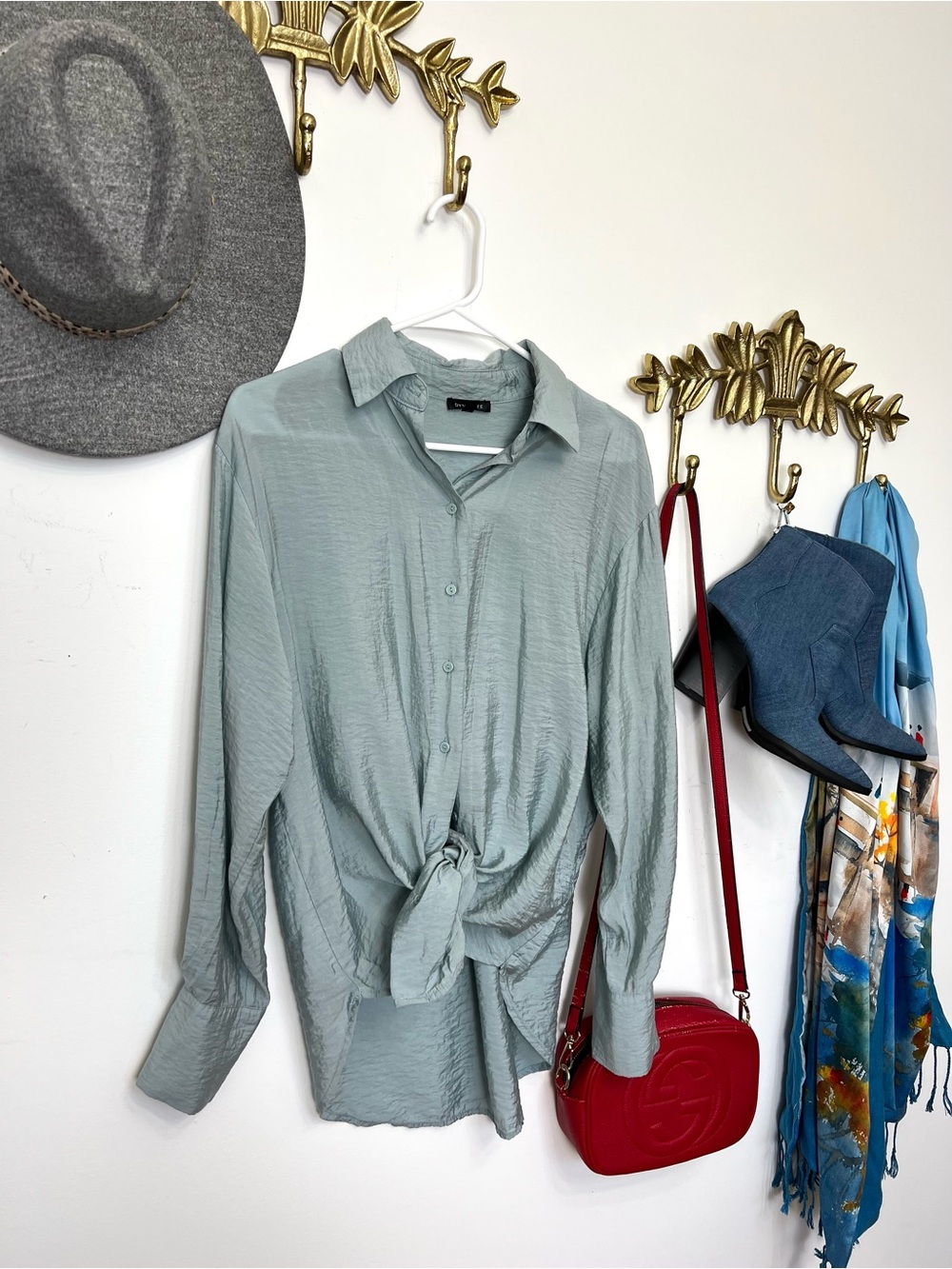 Sage green blue blouse with satin look L ptp 22” ls 31”